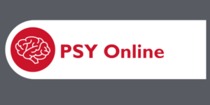 Gray rectangle with a red icon of a brain and title, PSY Online